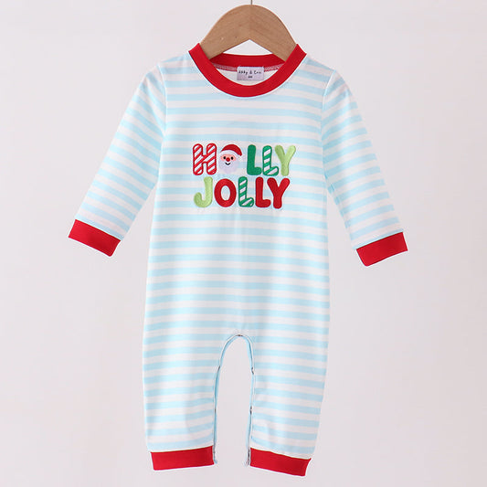 Blue Stripe Holly Jolly Romper