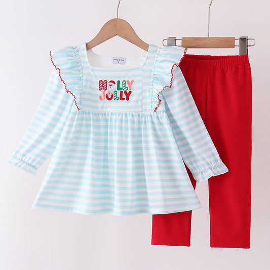 Blue Stripe Holly Jolly Ruffle Pants Set