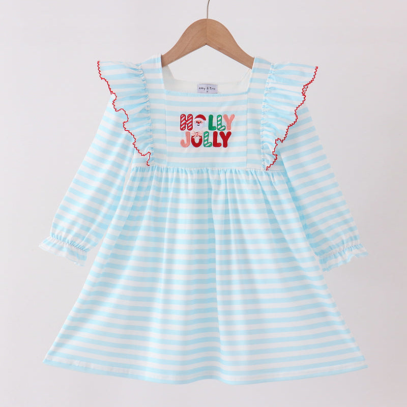 Blue Stripe Holly Jolly Ruffle Dress