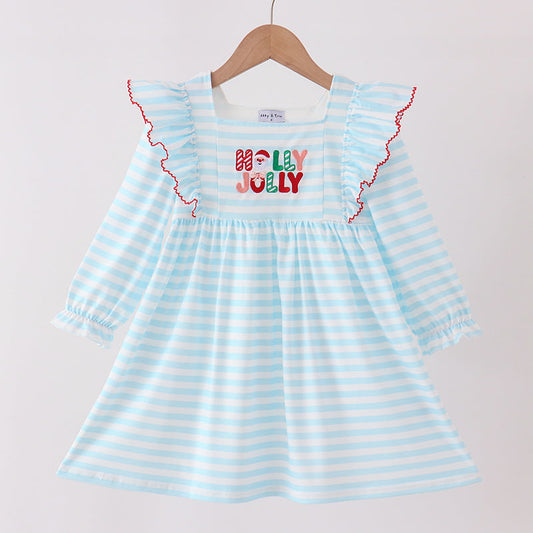 Blue Stripe Holly Jolly Ruffle Dress
