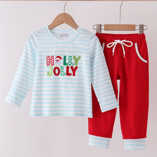 Blue Stripe Holly Jolly Embroidery Boys Pant Set