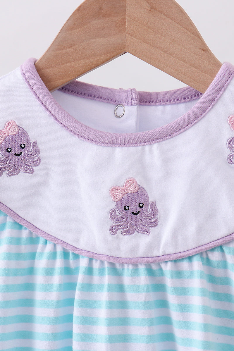 Blue Octopus Embroidery Stripe Ruffle Bubble
