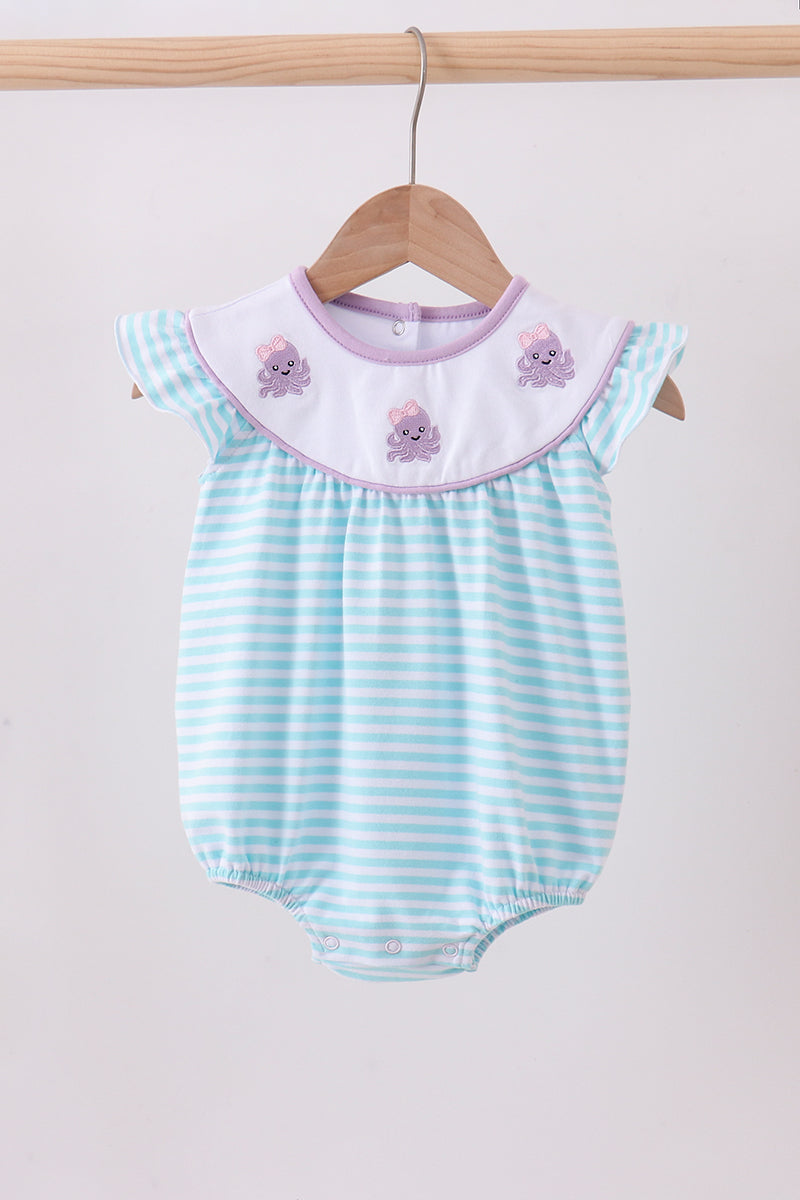 Blue Octopus Embroidery Stripe Ruffle Bubble