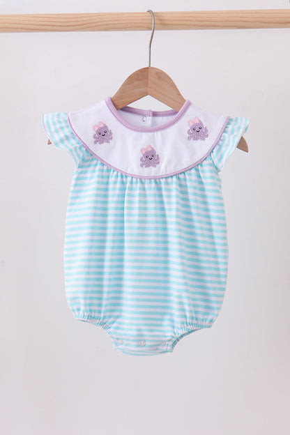 Blue Octopus Embroidery Stripe Ruffle Bubble