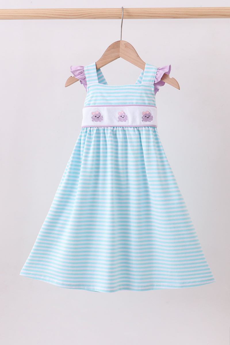 Blue Octopus Embroidery Stripe Ruffle Dress