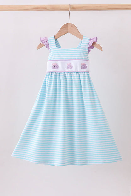 Blue Octopus Embroidery Stripe Ruffle Dress