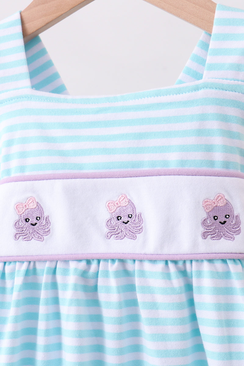 Blue Octopus Embroidery Stripe Ruffle Dress