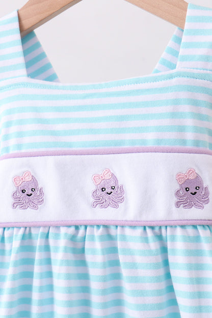 Blue Octopus Embroidery Stripe Ruffle Dress