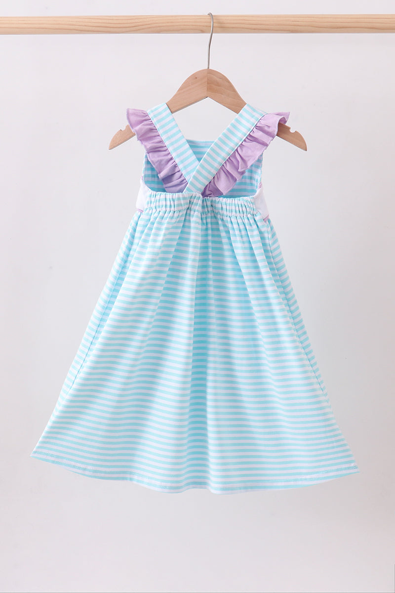 Blue Octopus Embroidery Stripe Ruffle Dress